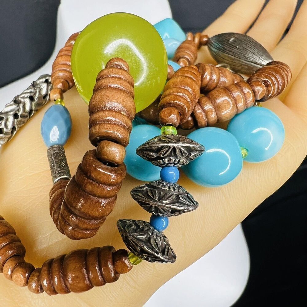 Vintage Lucite Wood Silver Beads Tibetan Necklace Mixed Media Chunky Beads 4009 - Picture 10 of 13